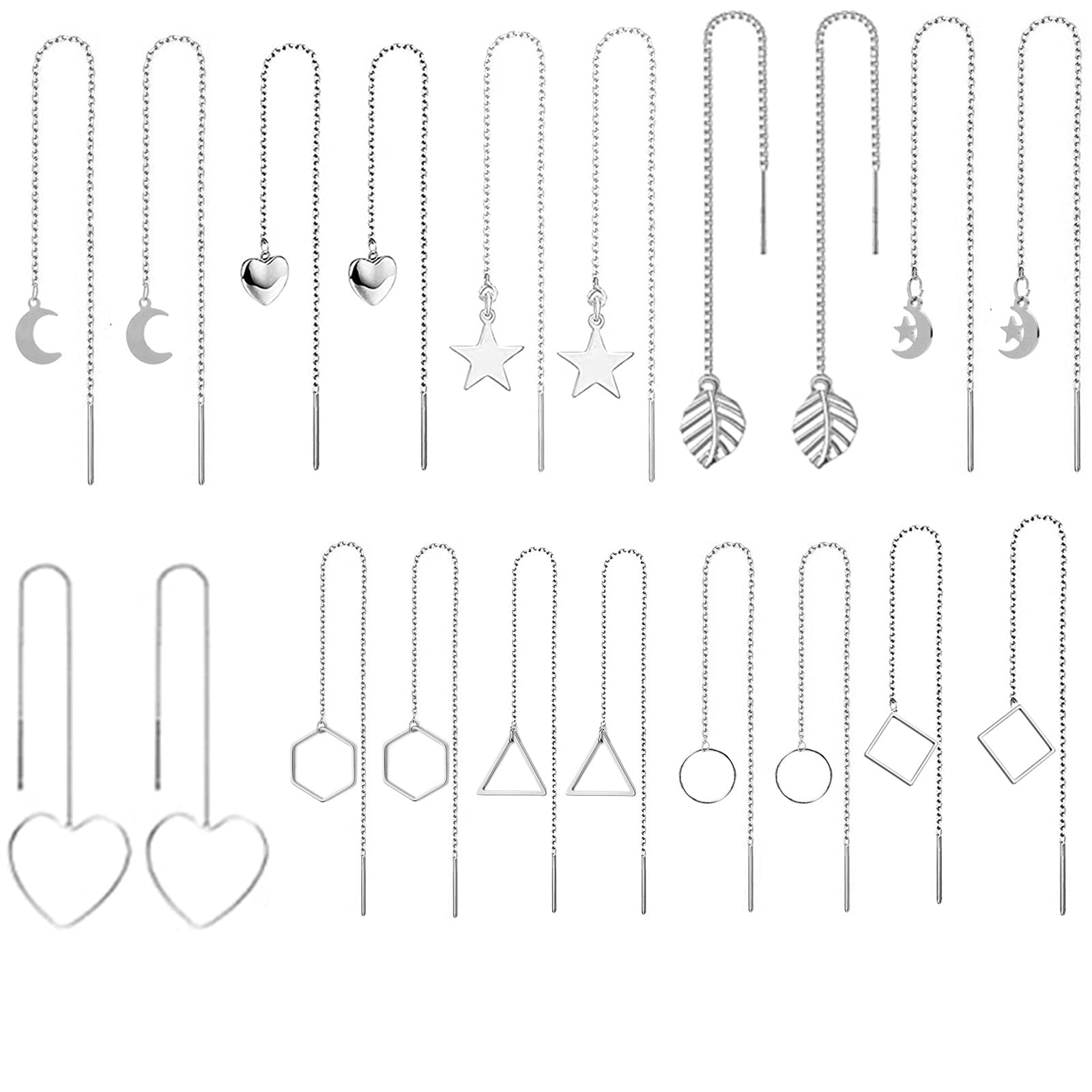 XHBTS 10 Pairs Threader Earrings Set for Women-Long Chain Earrings Heart Star Moon Lightweight Drop Dangle Chain Tassel Earrings Minimalist Chain Earrings Set with Mini Cloth