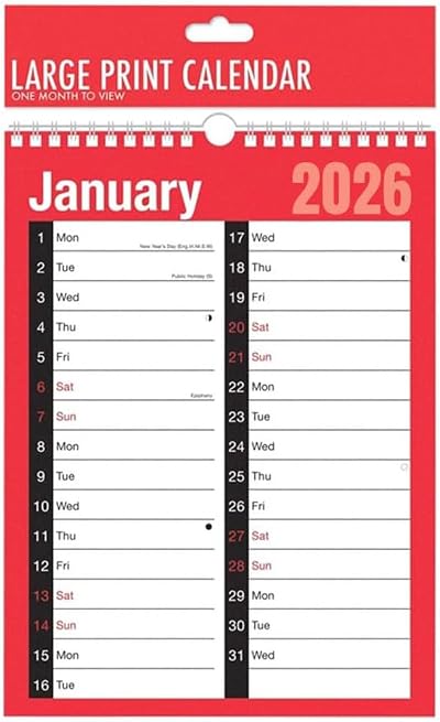 Karrma Ltd 2026 A4 Month to View Wall Calendar 2 Columns Spiral Bound