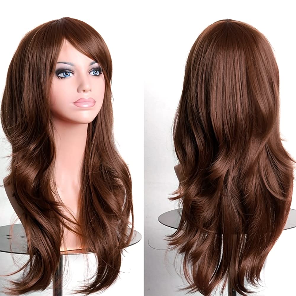 YEESHEDO 28" 70 cm Dark Brown Long Wavy Curly Hair Cosplay Wigs with Bangs for Women Girls Heat Resistant Synthetic Wig for Party Costume Anime Halloween (Dark brown) — image 1
