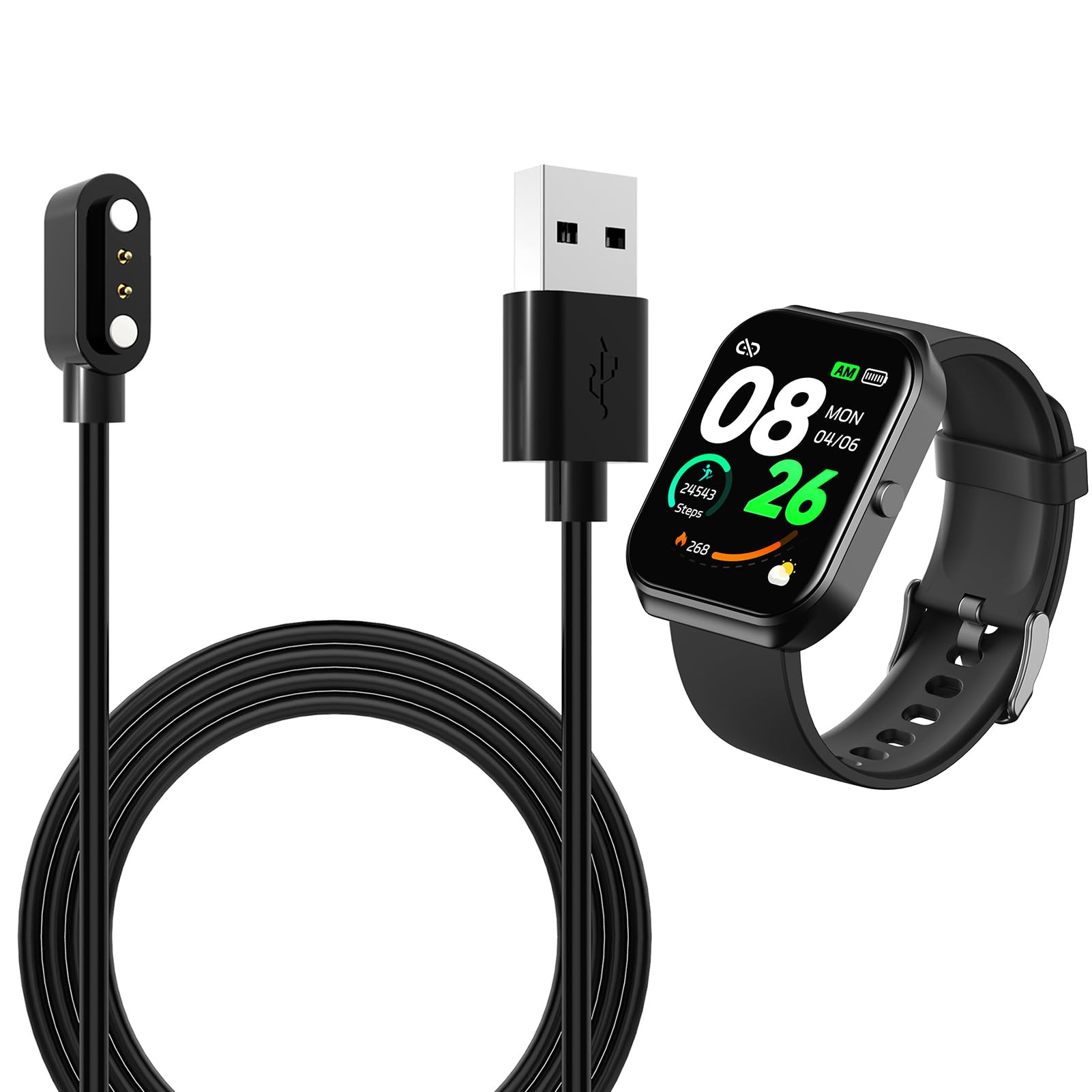 Smart Watch Magnetic Charging USB Cable Compatible with Blackview R3/R3 Pro X2 X1 Willful IP68/SW021 ID205U/ID205S/ID205L/ID216 Uwatch 3/Ufit/GT, 1Pack 2pin Black 100cm Magnetic Fast Charging Cord