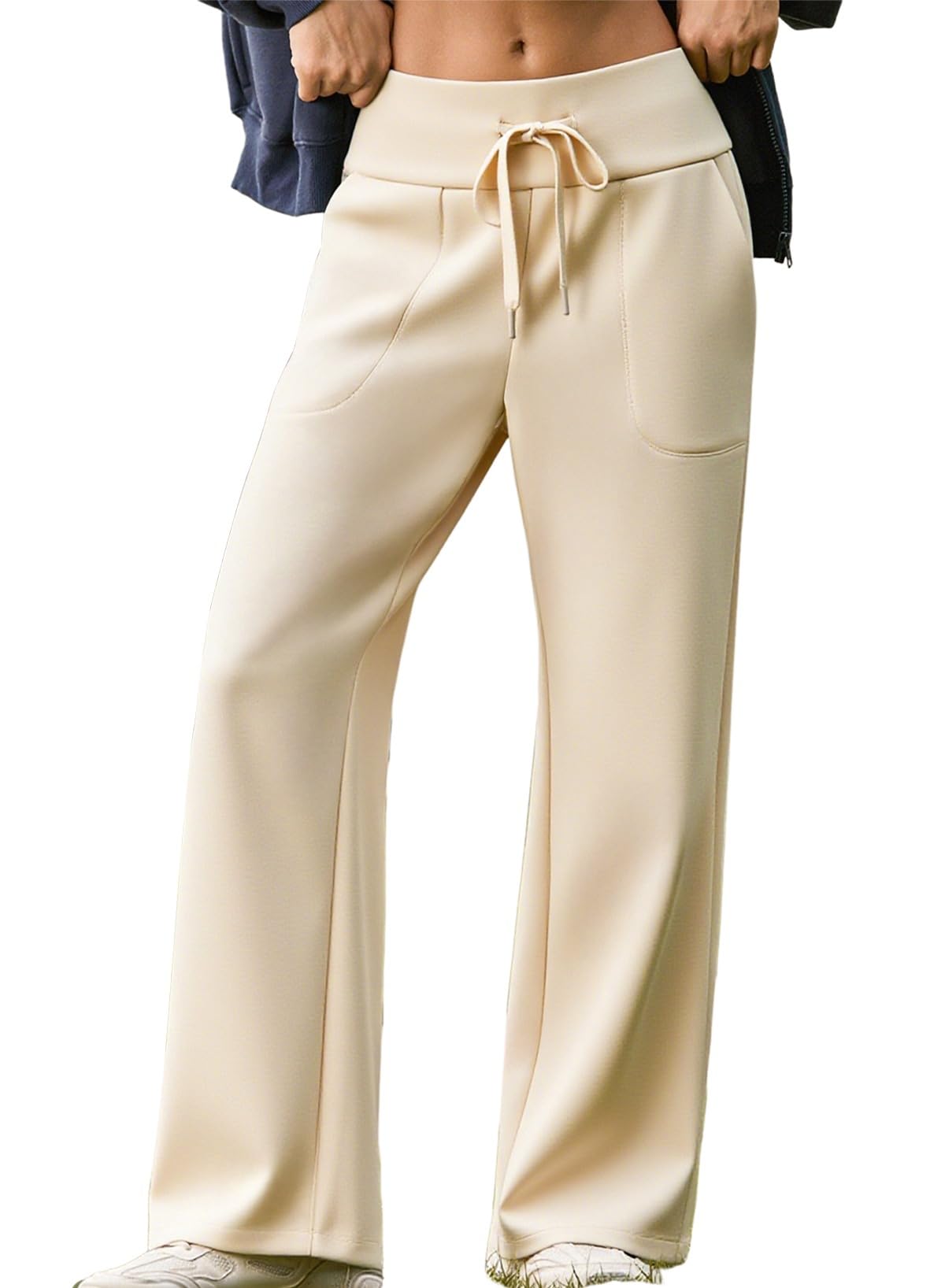 View 1 of Aleumdr Women's Wide Leg Lounge Pants with Pockets Yoga Sweatpants Palazzo Casual Athletic Beige Baggy Comfy Long Flowy High Waisted Drawstring Pants for 2025 Fall Large