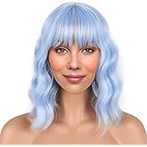 LANICE Light blue Short Bob Wigs with Bangs for Women Loose Wavy Hair Shoulder Length Wigs Synthetic Colorful Wigs for Cosplay Daily PartyUse(Light blue,12inch)