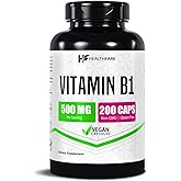 Healthfare Vitamin B1 (Thiamine) 500mg | 200 Vegan Capsules | Extra Strength High Potency Supplement | Supports Energy & Nervous System | Non-GMO, Gluten-Free | Made in USA
