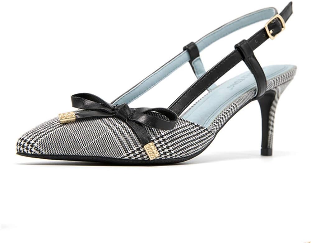Meiren Pumps Fine-Toe Pointed High-Heeled Color-Blocked Plaid Bow Women's Shoes