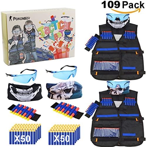 EXSPORT Set of 2 Tactical Vests, 2 Wrist Hands, 2 Protective Glasses, 2 Tactical Mask, 100 Refill Bullet Darts, 1storage bag for Nerf Guns N-Strike Elite Series Nerf Vest with Gift Box