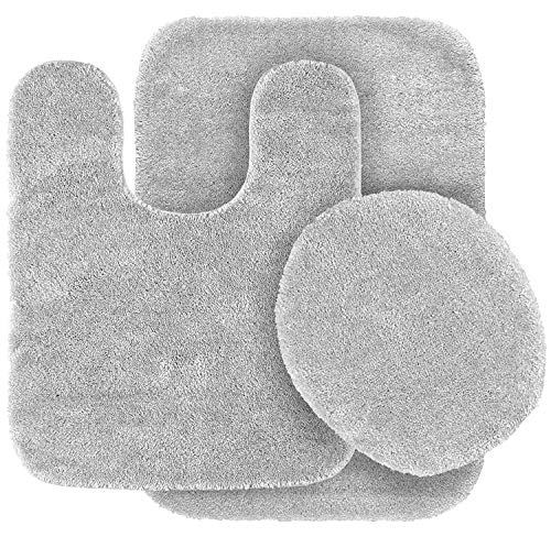 Mk Home 3pc Absorbent Bath Mat Set Solid Color with Bath Rug, Contour Mat and Toilet Seat Lid Cover Non-Slip Rubber Blacking New (Silver/Light Grey)