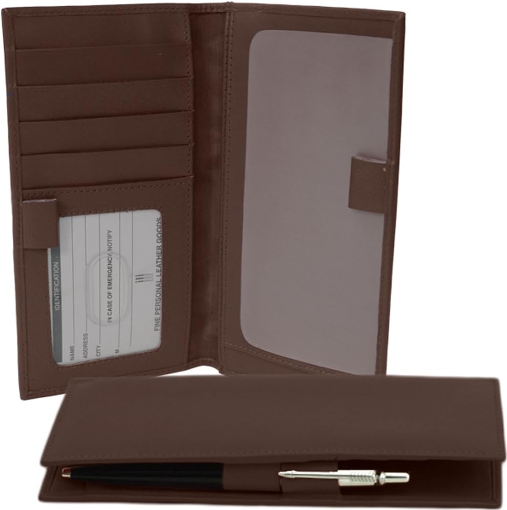 Leather Checkbook Cover - Brown - Soft, Smooth Leather Checkbook Cover w/RFID Blocking Lining, ID Window, Cards Slots, & Pen Holder