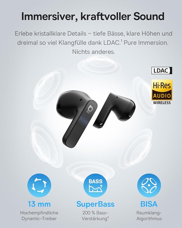BS1 NC Semi-In-Ear Kopfhörer Bluetooth Noise Cancelling, Kopfhörer Kabellos mit Geräuschunterdrückung, Earbuds mit Hi-Res & LDAC, 6-Mic KI Klarer Anruf, IP55, 40 Std Spielzeit, Bluetooth 6.0