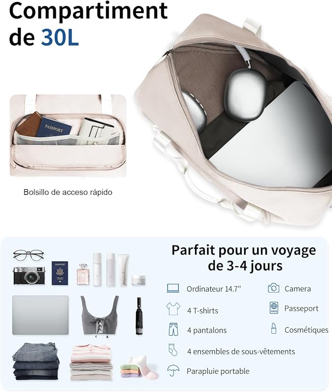 Sac de Voyage Femme, Bagages Cabine 45x36x20 Easyjet, Sac Voyage Cabine avec Amovible Poche Humide, Sac Avion Weekend, Bagage à Main Valise Léger Imperméable, d'Hôpital, Week-End, Beige, 30L