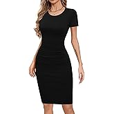 Missufe Women's Long Sleeve Slim Ruched Bodycon Dress 2025 Trendy Fall Casual Round Neck Sheath Knee Length Outfits Clothes