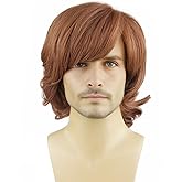 RightOn Shaggy Wig Men Short Wavy Brown Wig 60s 70s Male Rocker Costume Wigs for Halloween Cosplay Party