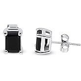 7x5mm - 8x5mm Emerald Shape Solitaire Black Onyx Stud Earrings In 14K White Gold Plated 925 Sterling Silver Earrings(D Color, VVS1-VVS2 Clarity)