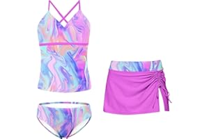 Kimoda Girls Swimsuits 3 Piece Tankini Bathing Suit Set Bikini Swimwear with Cover Ups Beach Skirt 6-12 Years
