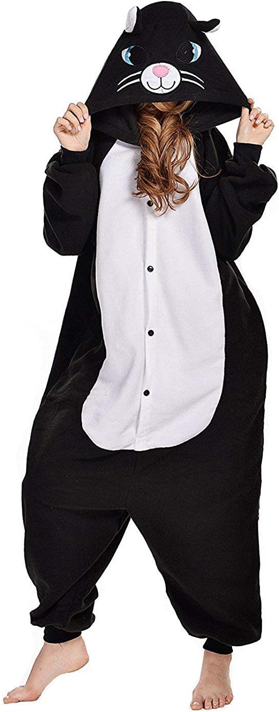 Women's Sleepwear White/Black Cat Costume Sleepsuit Adult Pajamas Christmas Costume
