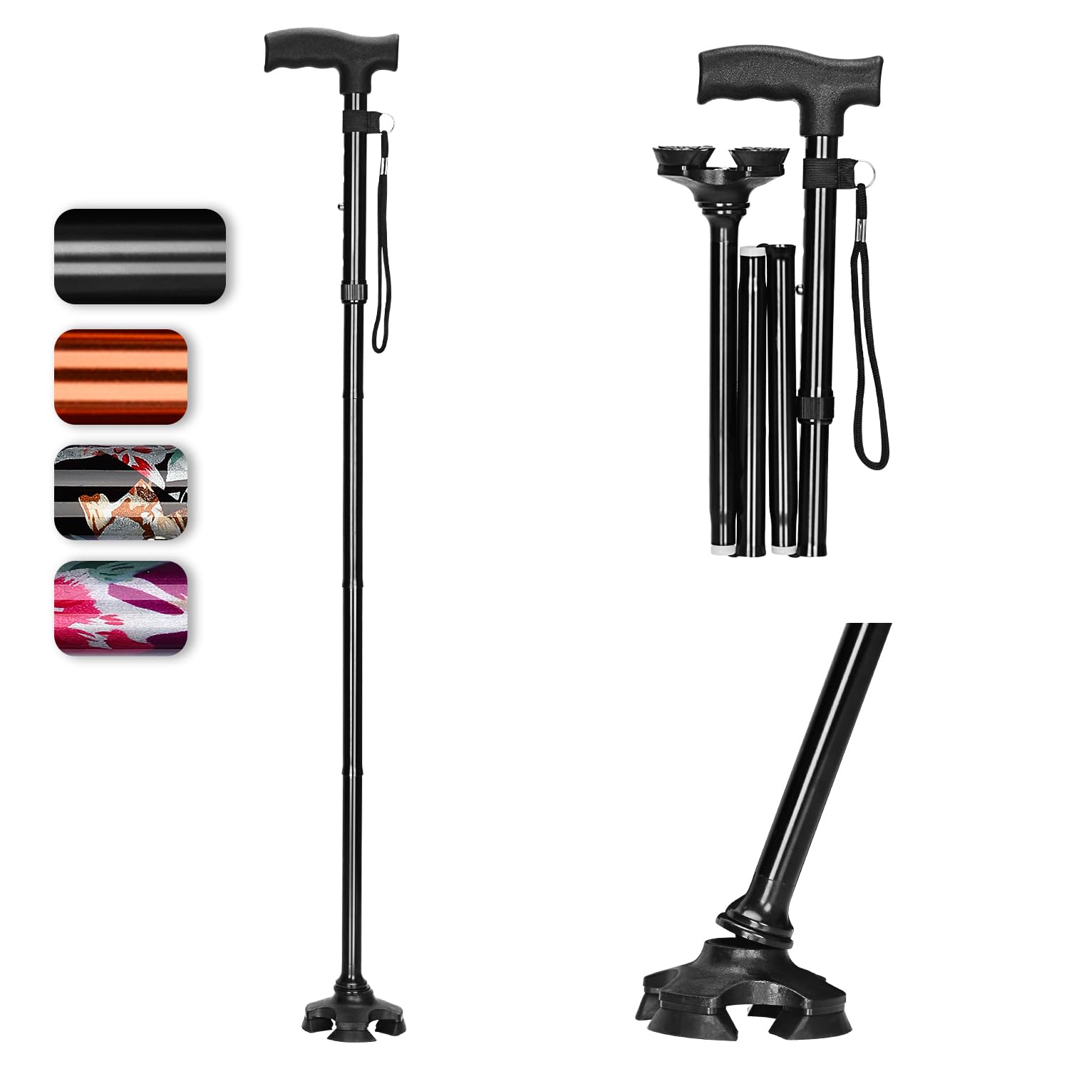 supregear Walking Cane for Men and Women - Foldable, Adjustable, Collapsible, Free Standing Cane with Pivot Tip, Heavy Duty Walking Sticks, Sleek Folding Sticks for Seniors and Adults, Black