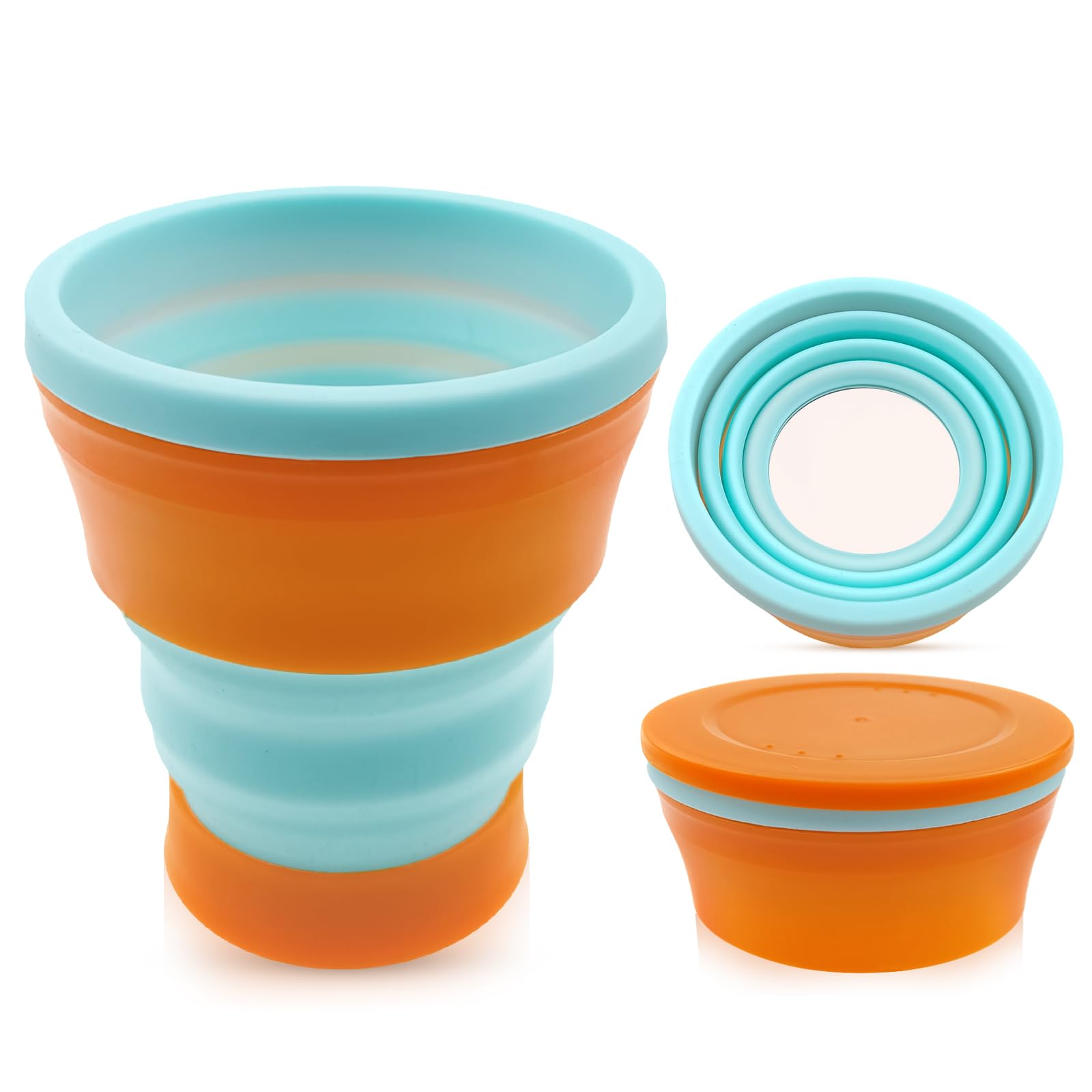Photo 1 of ++2 PACK+WUIIOE Collapsible 13.5oz Camp Cup - Silicone Foldable Travel Cup with Lid, Stainless Steel Bottom for Hot & Cold Drinks, Camping & Outdoor Use (Sunset Cyan)