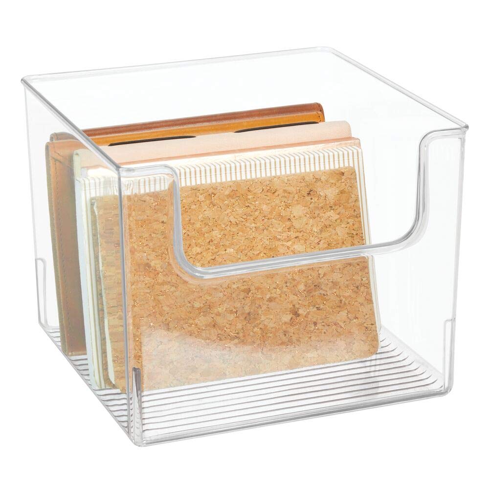 mDesign Modern Plastic Open Front Dip Storage Organizer Bin Basket for Home Office Organization - Shelf, Cubby, Cabinet, Cupboard, and Closet Organizing Decor - Ligne Collection - Clear