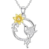 Hummingbird Sunflower Pendant Necklace Flying Bird Nature Jewelry Memorial Gifts for Women Nature Lover Birthday Mothers Day Gift Joy Symbol Necklace Good Luck Charm Hummingbird Flower Necklaces