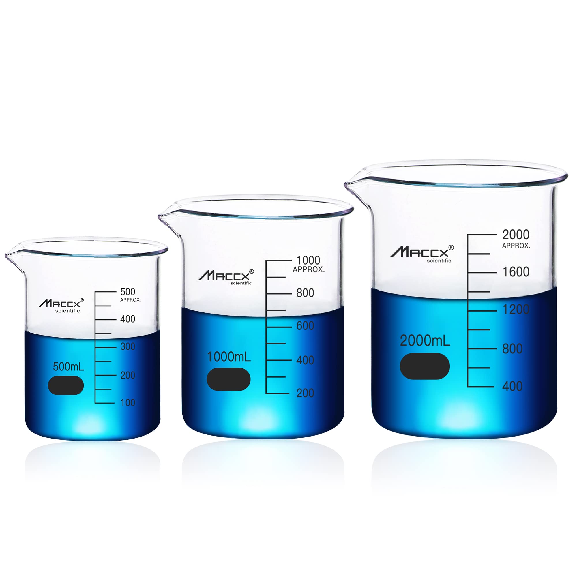 Maccx Sturdy Glass Beakers, 3 Sizes of 500ml 1000ml 2000ml,3.3 Borosilicate Griffin Low Form with Printed Graduation, BKLS05-003
