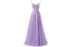 YUAOHUANG Lace Applique Tulle Prom Dresses for Women 2025 Spaghetti Straps Ball Gown Formal Evening Party Gown with Slit