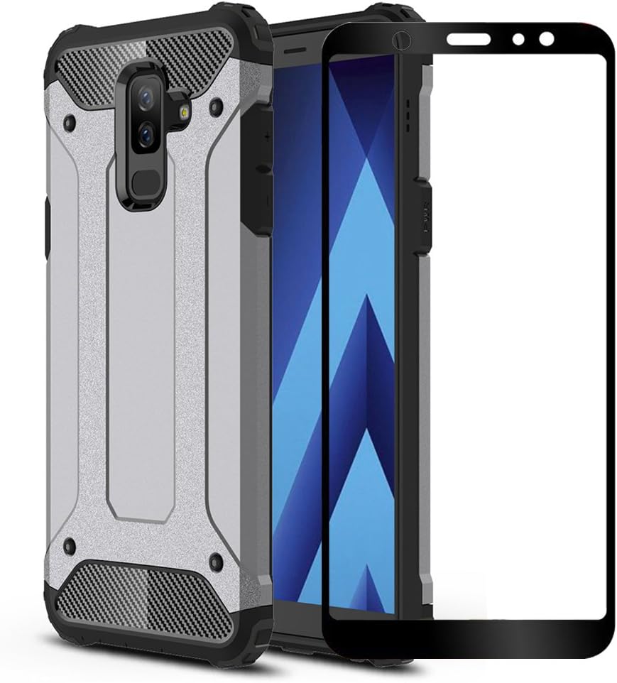 Galaxy A6 Plus 2018 Case, ZHFLY [Heavy Duty] Shockproof Bumper Tough Rugged Dual-Layer Protective Case Cover & 2.5D Tempered Glass Screen Protector for Samsung Galaxy A6 Plus 2018,Gray