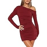Amkoyam Women's 2025 Sexy Off Shoulder Dress Long Sleeve Bodycon Ruched Formal Cocktail Party Mini Dresses