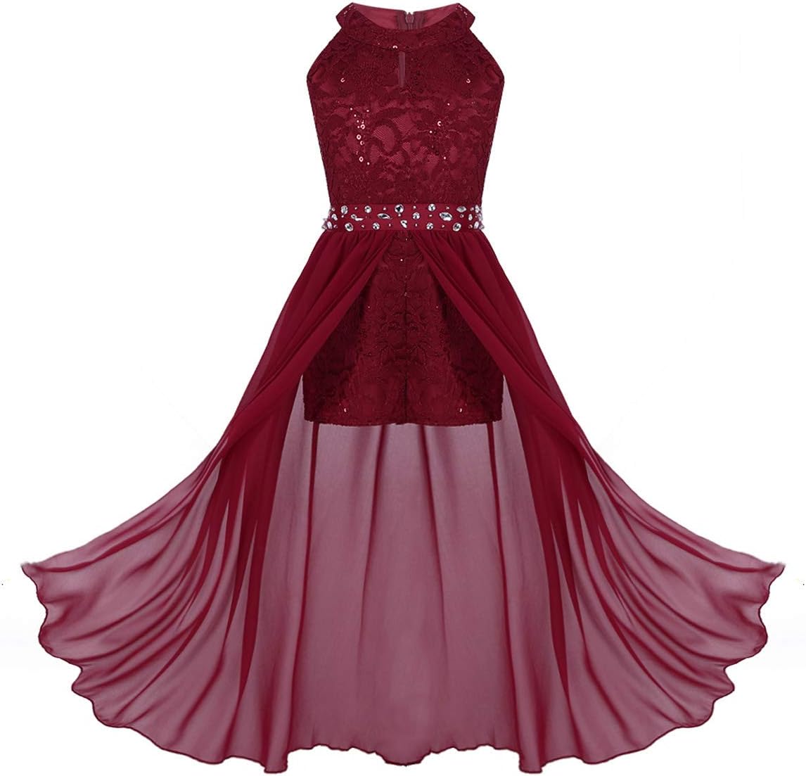 YiZYiFBig Girls Halter Sequin Lace Floral Long Romper Dress Birthday Party Wedding Dance Prom Maxi Gown