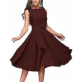 FENJAR Women's Elegance Audrey Hepburn Style Ruched Dress Round Neck Sleeveless Swing Midi A-line Dresses