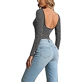 Athlemo Long Sleeve Backless Black Bodysuit Stripe Tops Shirts Open Back Slim Fit Croop Neck Going Out Sexy Basic Tops