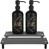 Kitchen Soap Dispenser Set, 16oz Hand and Dish Soap Dispenser Set with 2 Instant Dry Trays, Stainless Steel Pump, Refillable Glass Bottle for Kitchen and Bathroom Countertop (Black)
