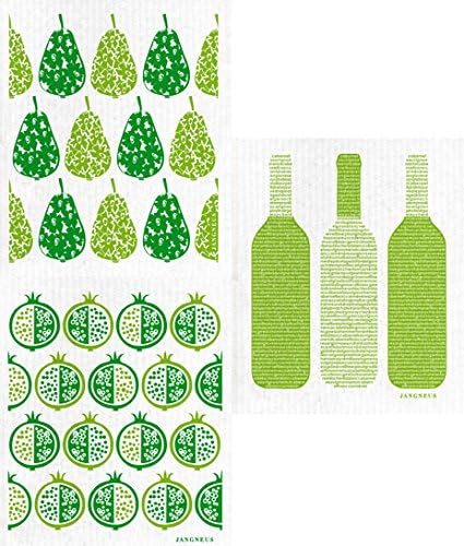 Swedish Dishcloth - Set of 3 (EN) GREEN Fruits: Pomegranate + Pears + White Wine