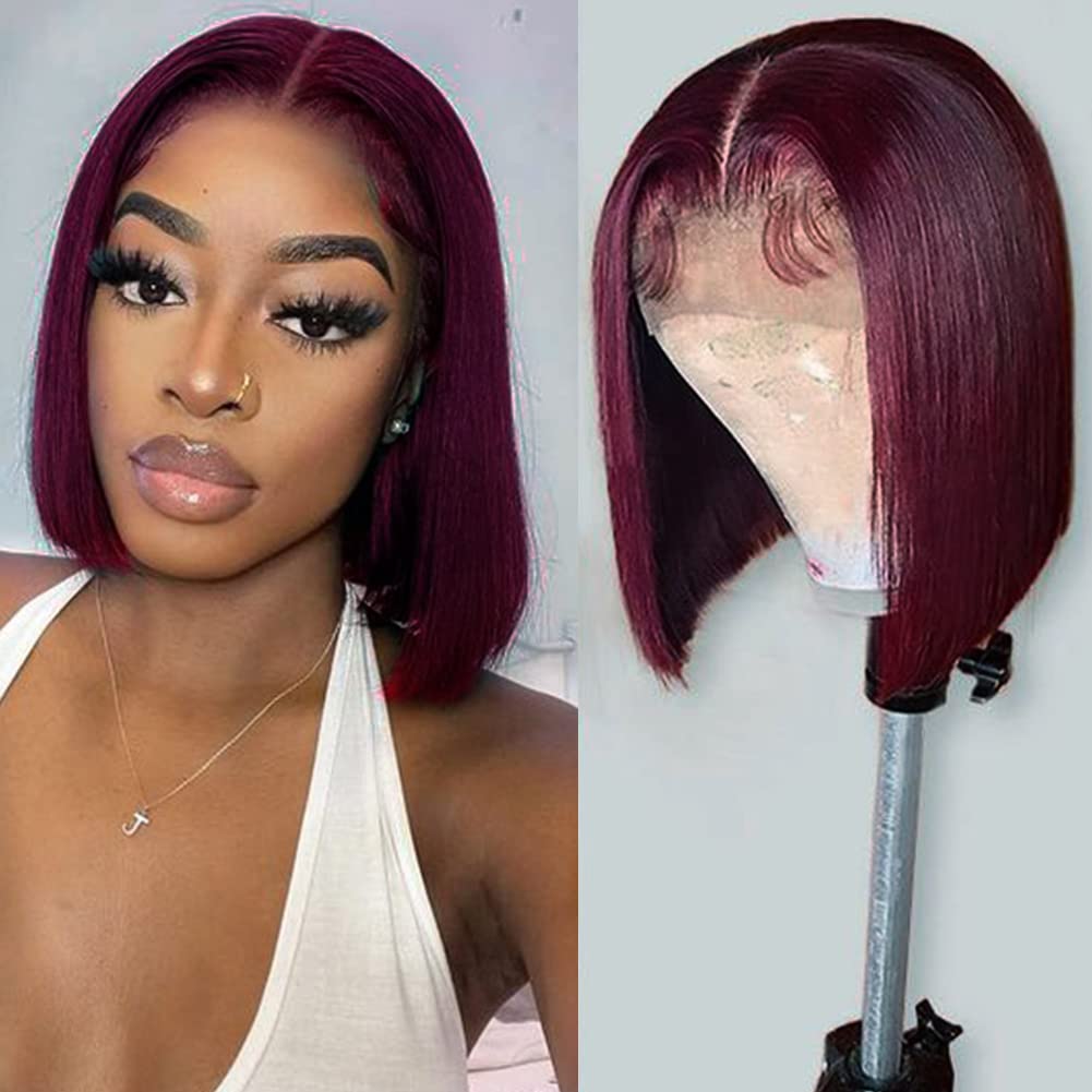 DÉBUT Burgundy Red Straight Bob Wigs Human Hair T Part Lace Front Bob Wig Pre Plucked with Baby Hair 150% Density Brazilian Virgin Hair for Women(8 Inches, Burgundy Red)
