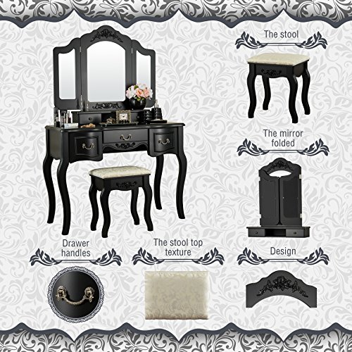 Fineboard Vanity Set Beauty Station Makeup Table And Wooden Stool Set With 3 Mirrors And 5 Organization Drawers Set, Black