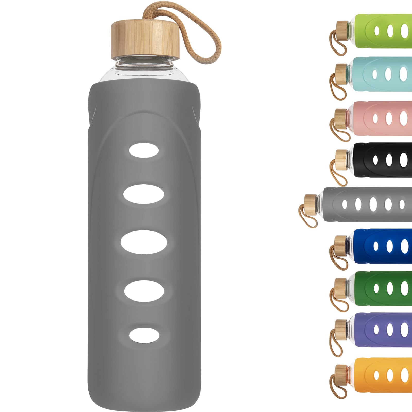 Ferexer 1 litre / 1l / 1000 ml Sport Borosilicate Glass Water Bottle with Protective Silicone Sleeve and Bamboo Lid (grey)