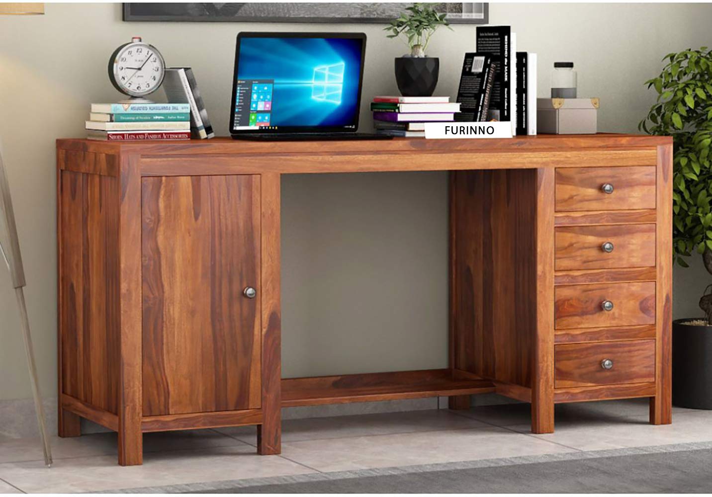 Furinno Sheesham Wood Writing Study Desk Computer Laptop Table For Home And Office With 4 Drawer And 1 Cabinate Honey Finish Amazon In Home Kitchen
