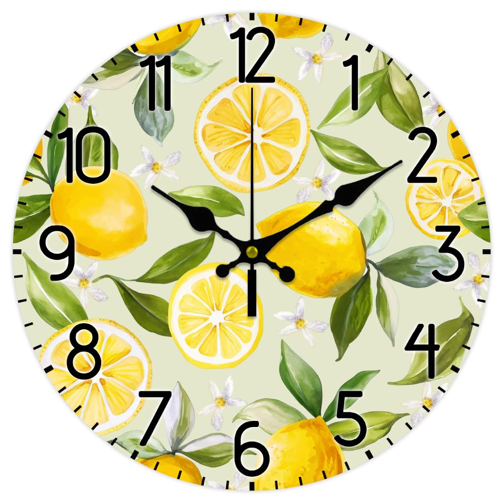 CHGCRAFT 12inch Lemon Wall Clock Silent Non Ticking Round Fruit Farmhouse for Living Room Kitchen Bedroom Office Decoration