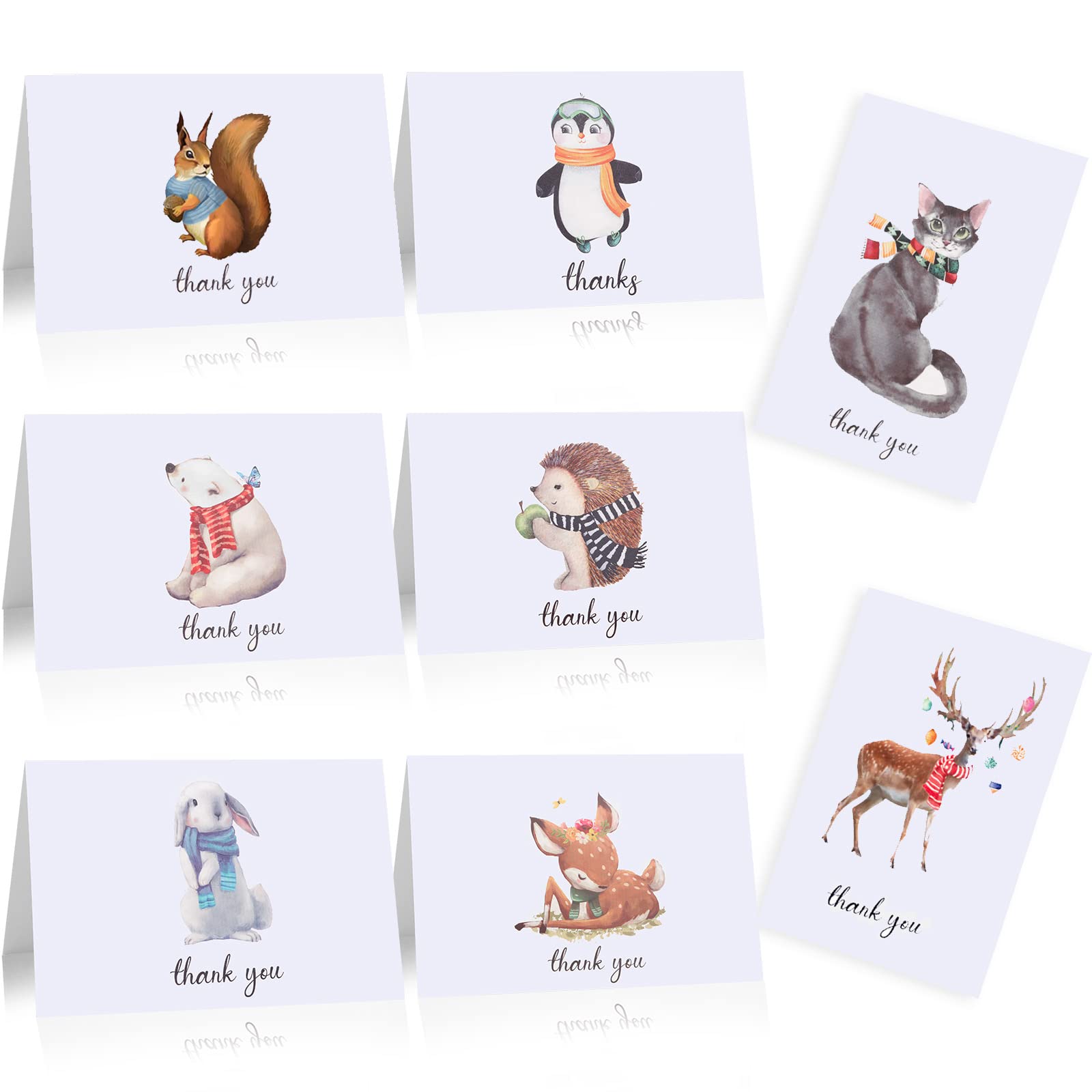 24 Pieces Winter Animals Thank You Note Cards with 24 Envelopes, Holiday Cards for Winter Theme Party Decorations Thanksgiving Christmas Party Supplies, 4 x 6 Inch 8 Designs