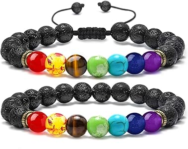 MONOZO Bead Chakra Bracelet - 7 Chakras 8mm Lava Rock Stone Anxiety Bracelet Essential Oil Diffuser Stone Yoga Beads Bracelets Meditation Relax Healing Aromatherapy Bangle for Men Wonmen Kids