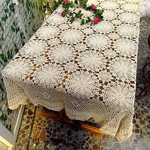 Photo 1 of USTIDE Shabby Handmade Crochet Tablecloth Rectangle Romantic Table Cover Beige Lace Design Table Overlays Rectangular 51inchesx70inches