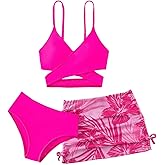 SHENHE Girl's 3 Piece Swimsuits Wrap Criss Cross High Waisted Bikini Set with Cover Up Skirt