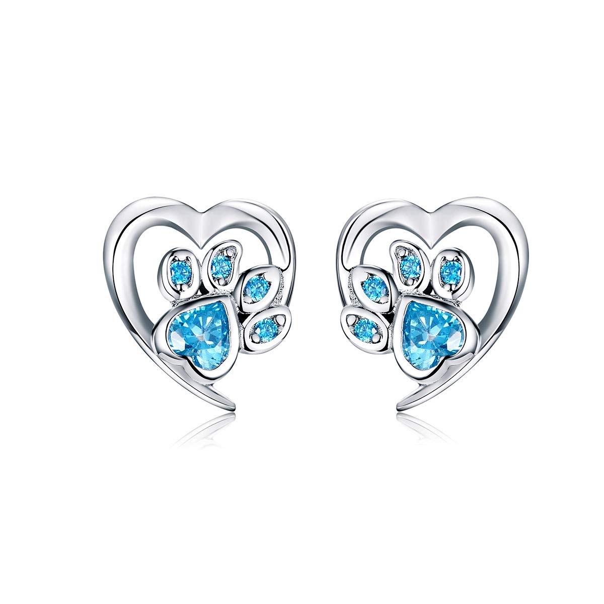 Cute Puppy Dog Cat Paw Print Stud Earrings S925 Sterling Silver Lovely Pink Crystal Clear CZ Endless Love Heart Earring Studs Hypoallergenic Jewelry Gifts for Pet Lovers Girls Women (Blue CZ)