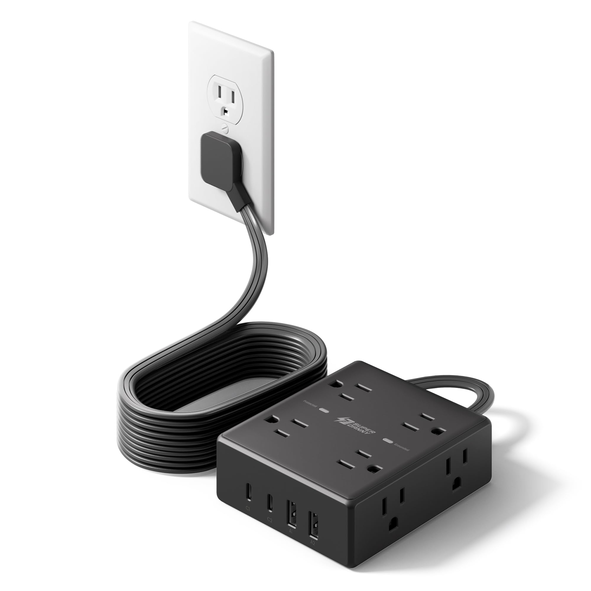 Photo 1 of 10Ft Extension Cord with Multiple Outlets, Flat Plug Power Strip Surge Protector with 10 Ft Long Cord, 8 Outlet 4 USB Ports (2 USB C), Multi Outlet Wall Plug for Office, College, Dorm Room Essentials