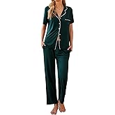 Ekouaer Women Pajamas Set Button Down Sleepwear Short Sleeve Nightwear with Long Pants Soft Pjs Set S-XXL