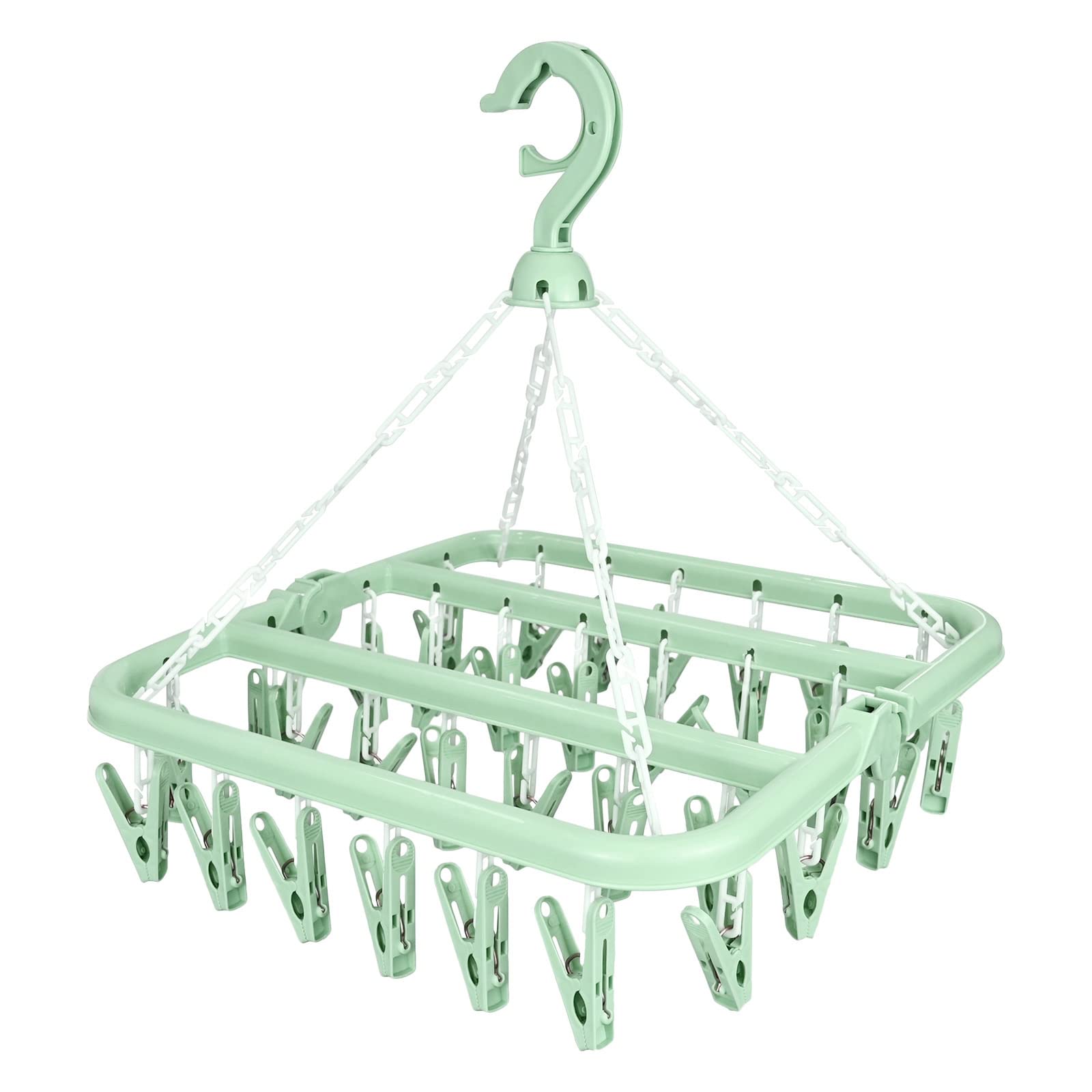 Sock Dryer, Sock Drying Rack with 32 Pegs Laundry Drip Hanger, Foldable Indoor Hanging Dryer with Windproof Hook Clips Drying Rack for Socks Underwear Shoe Insoles Baby Clothes Gloves Hats-Green