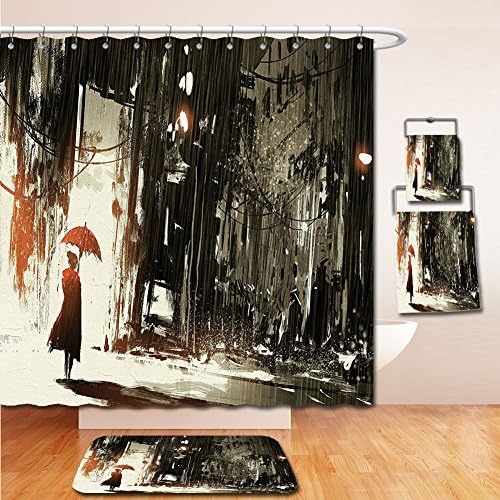 LiczHome Bath Suit: Showercurtain Bathrug Bathtowel Handtowel Fantasy Art House Decor Tapestry Woman with Umbrella in Rain Old Town Ruins Apocalypse Superhero Print Ash Gray