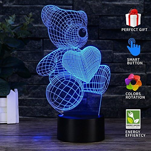 Uferno 3D Optical Illusion USB Night Light Table Lamps - Bedrooms Deco Teddy Bear Love Design for Kids - Unique Color Changing 3Ds Flash and Glow Effect
