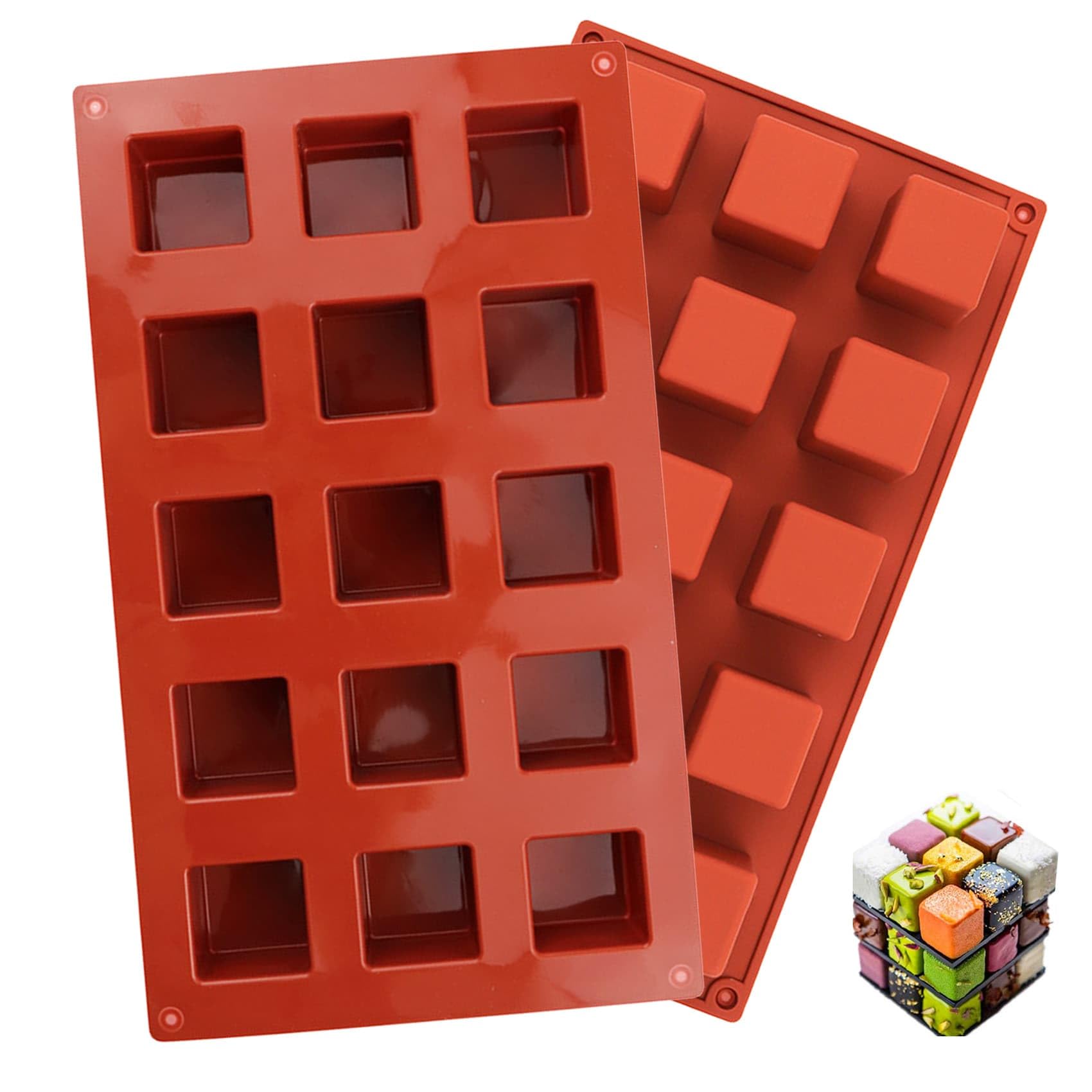 Eidoct 2-Pack 15 Cavity Square Caramel Candy Silicone Molds - Chocolate Truffles and Fondant Moulds for Hard Candy, Pralines, Gummy Jelly