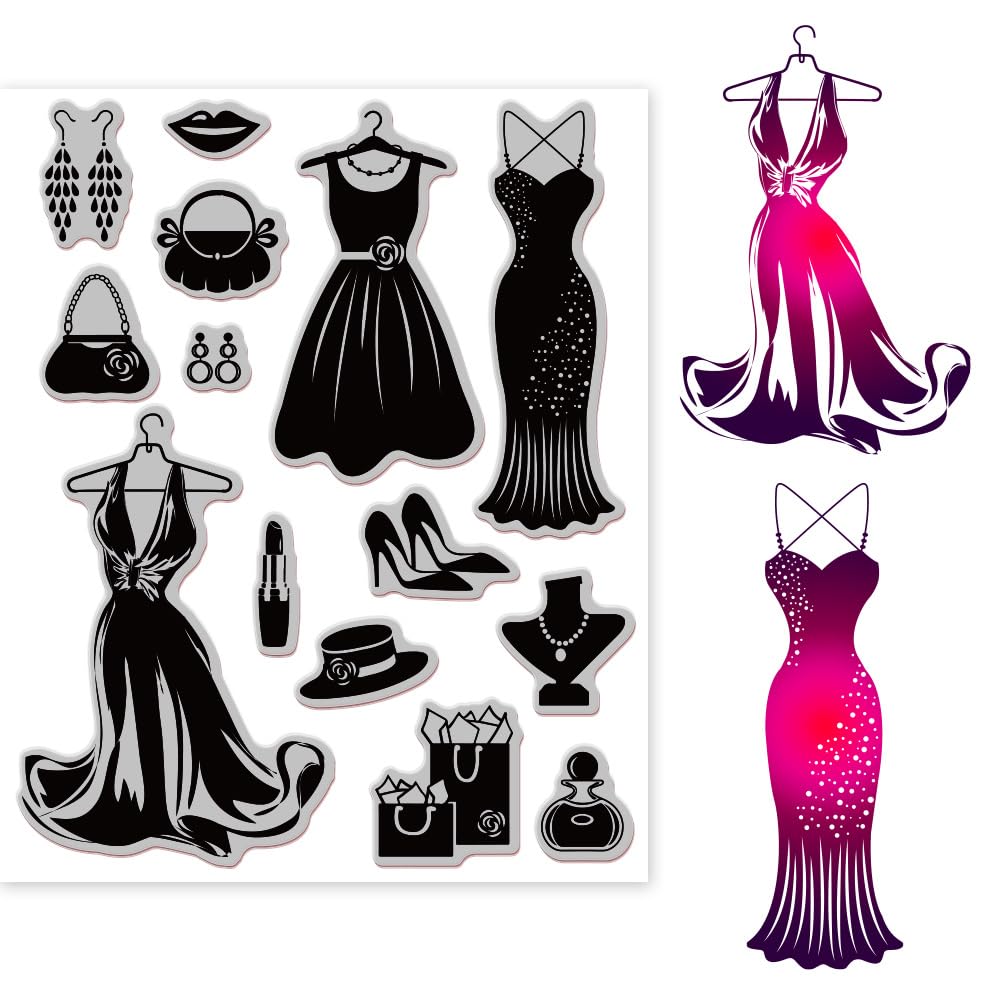 GLOBLELAND Vintage Fashion Clothes Cling Rubber Stamp Lady Dress 7x9inch Stamps Embossing Stamp Seal for DIY Scrapbooking and Card Making Paper Craft Decor