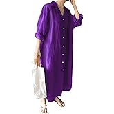 GGUHHU Womens Chic Button Down Rolled-Up Sleeve Long Cotton Blouse Maxi Dress (Large, Purple)