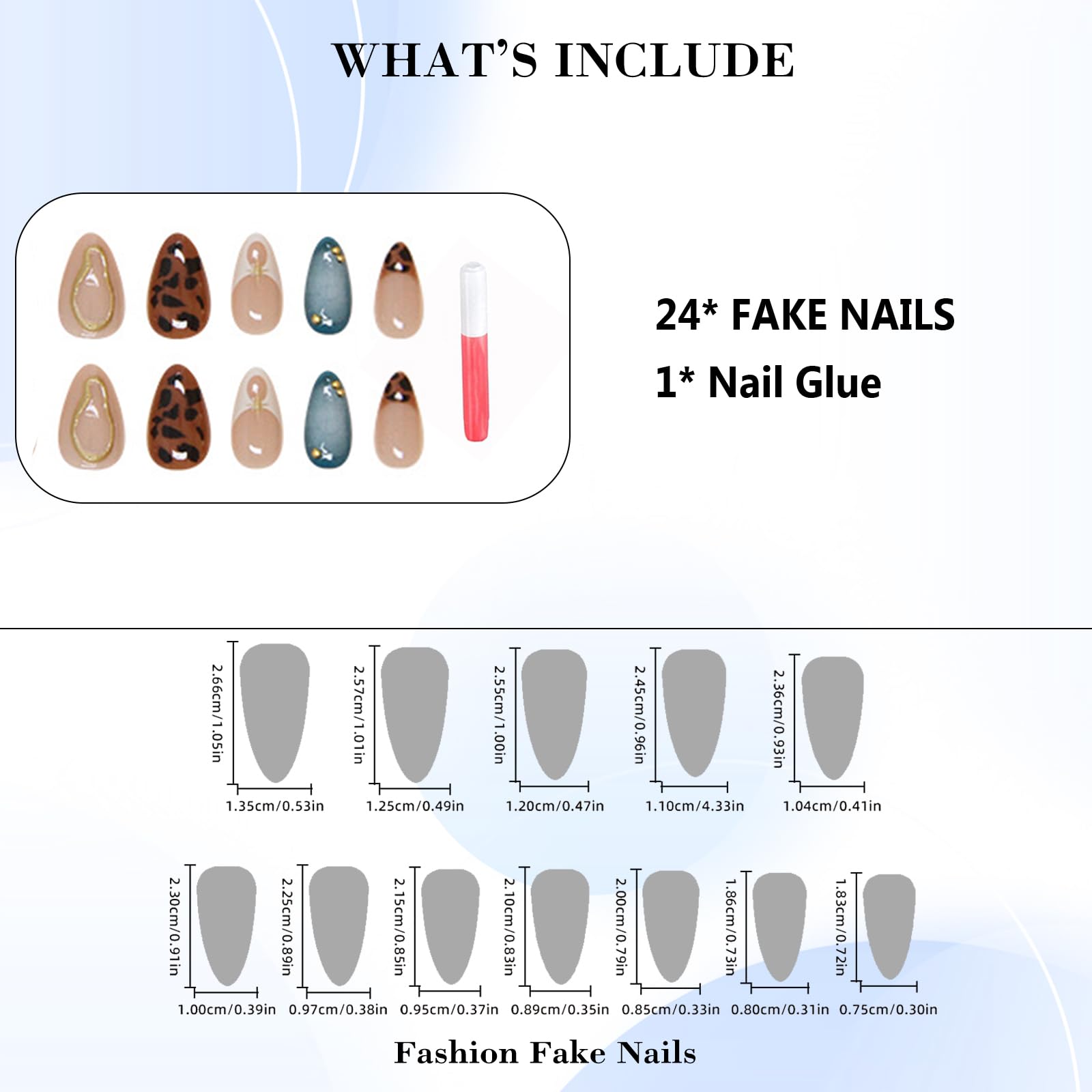IMRAIN Press on Nails Medium Almond Fake Nails Brown Leopard Print & Blue Ombre False Nails Glossy Glue on Nails Full Cover French Tip Stick on Nails Artificial Finger Manicure for Women Girls - Image 5